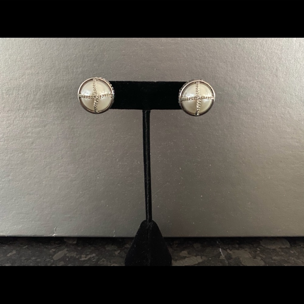 Silver-tone and Pearl-look Button Earrings